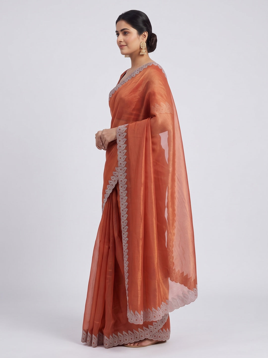 Orange Stone Work Embroidered Twill Gold Net Saree - Image 7