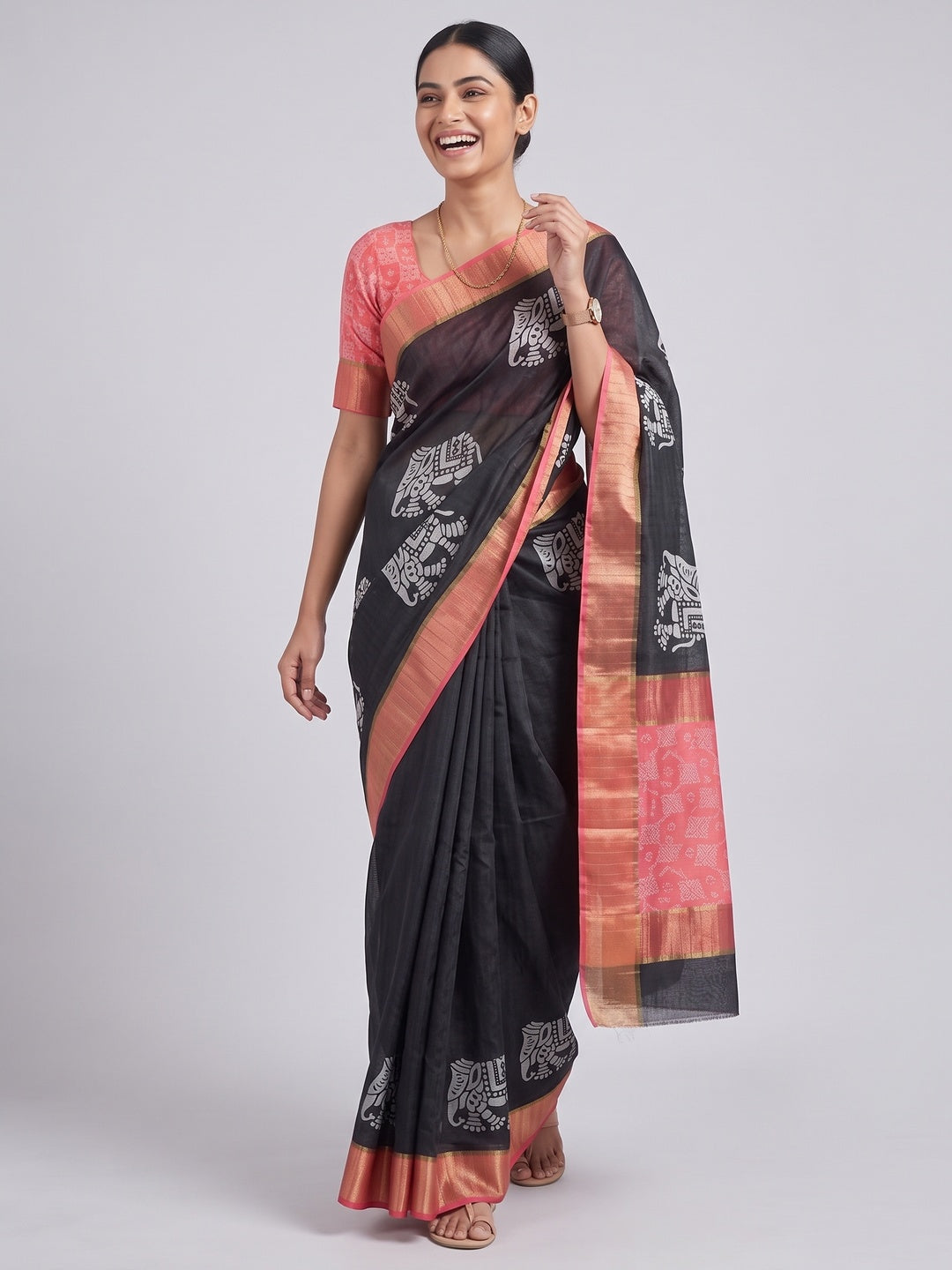 Black Cotton Silk Saree Woven on Handloom with Elegant Abstract Patterns - Image 6