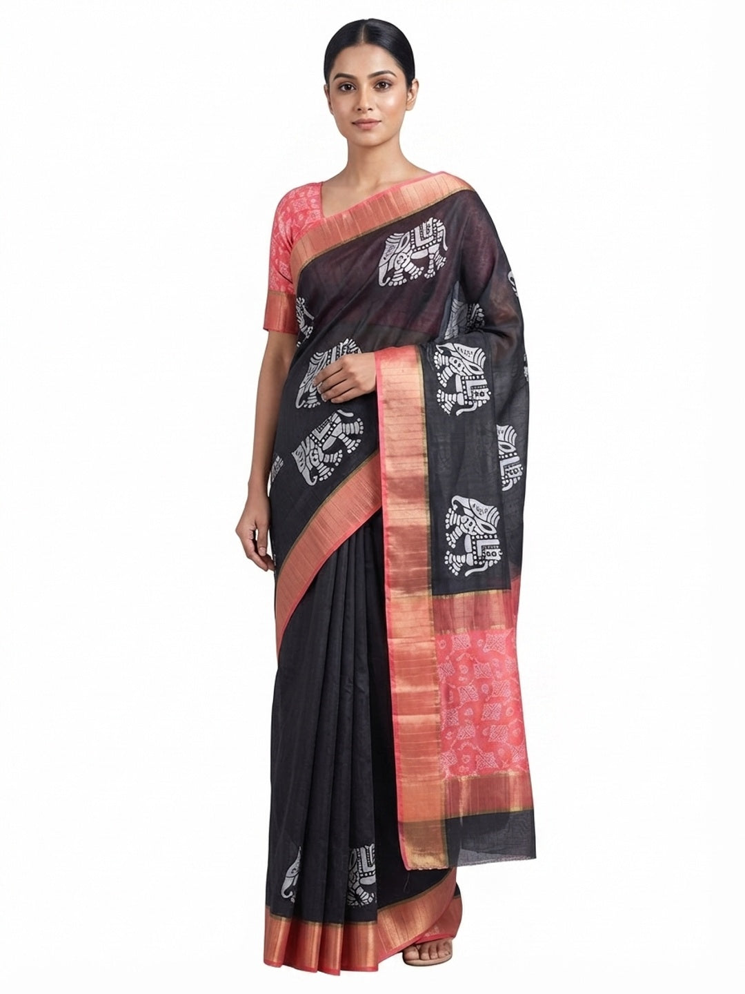 Black Cotton Silk Saree Woven on Handloom with Elegant Abstract Patterns - Image 7