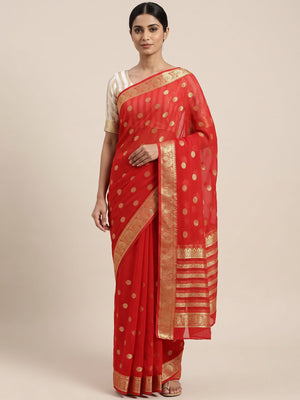 Red & White Zari Weaving Weaving Georgette Saree - Image 2