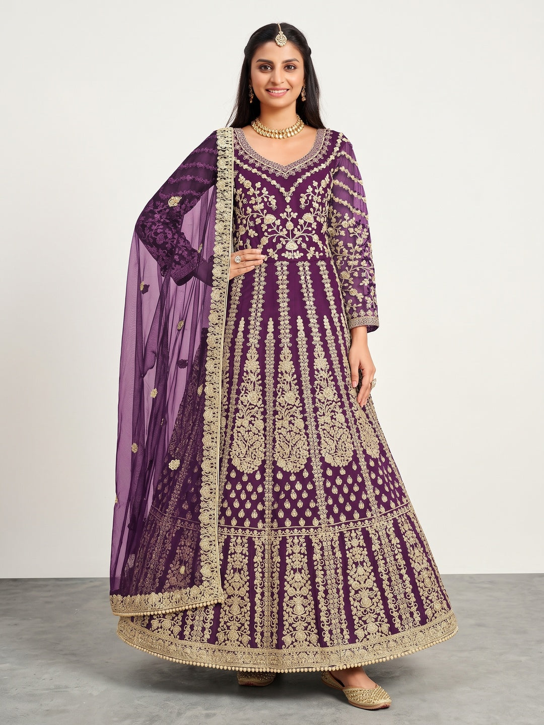 Purple Partywear Embroidered Net Anarkali Suit - Image 2