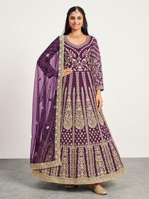 Purple Partywear Embroidered Net Anarkali Suit - Image 2