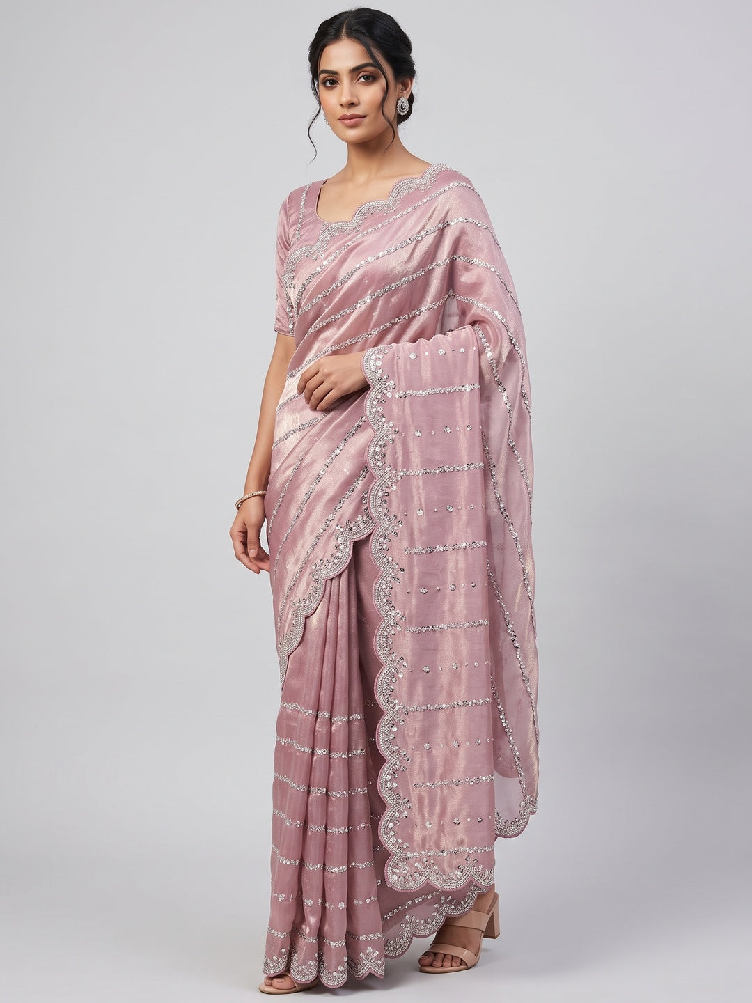 Dusty Pink Designer Satin Partywear Saree Enhanced with Sparkling Sequins Work - Image 1