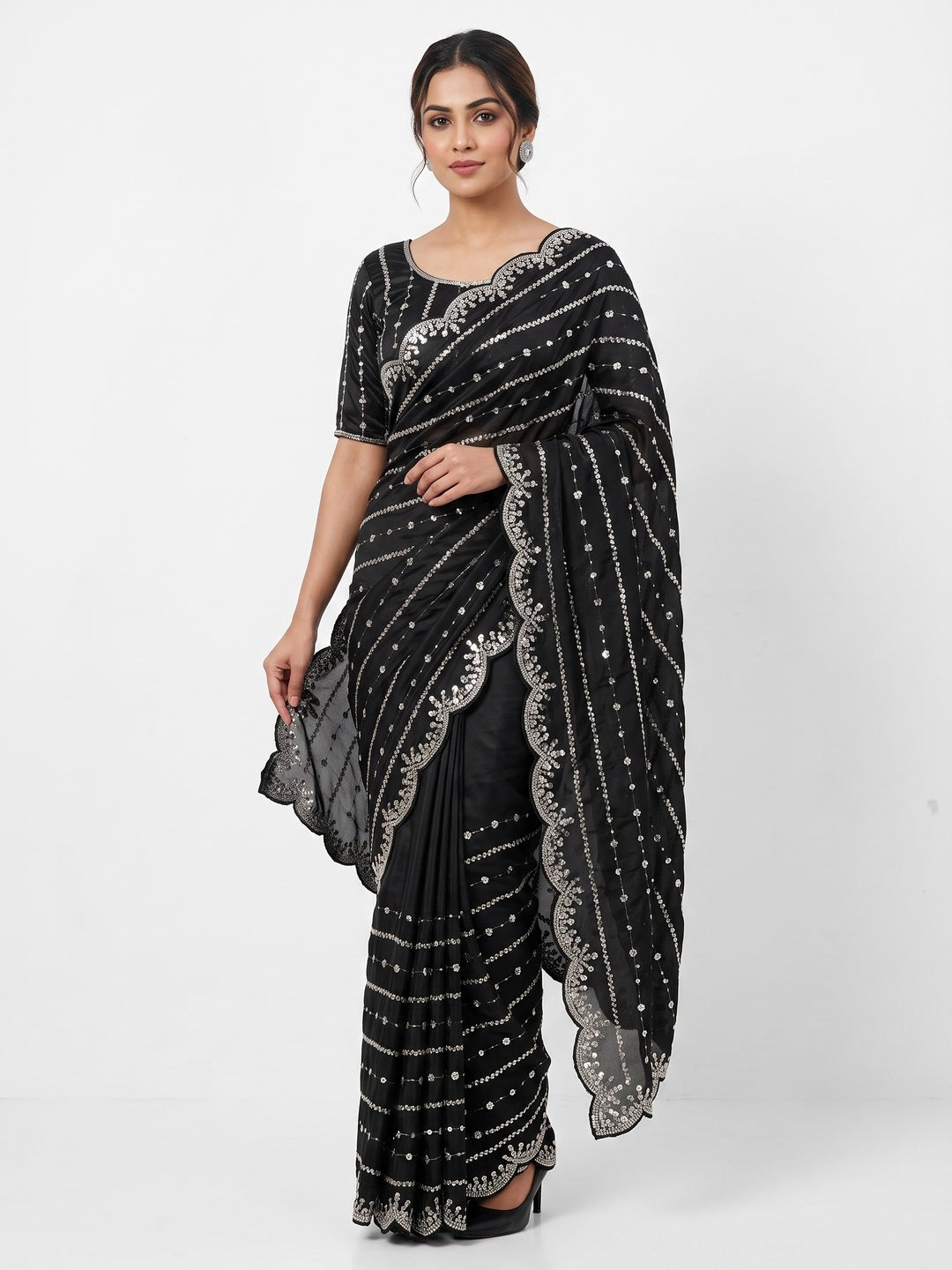 Black Designer Satin Partywear Saree Enhanced with Sparkling Sequins Work - Image 1