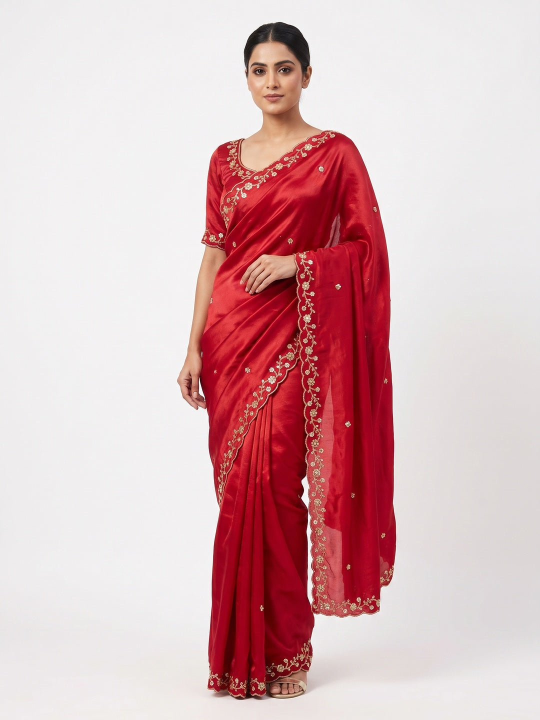 Red Satin Saree Embellished With Beads and Sequins Embroidery Work - Image 1