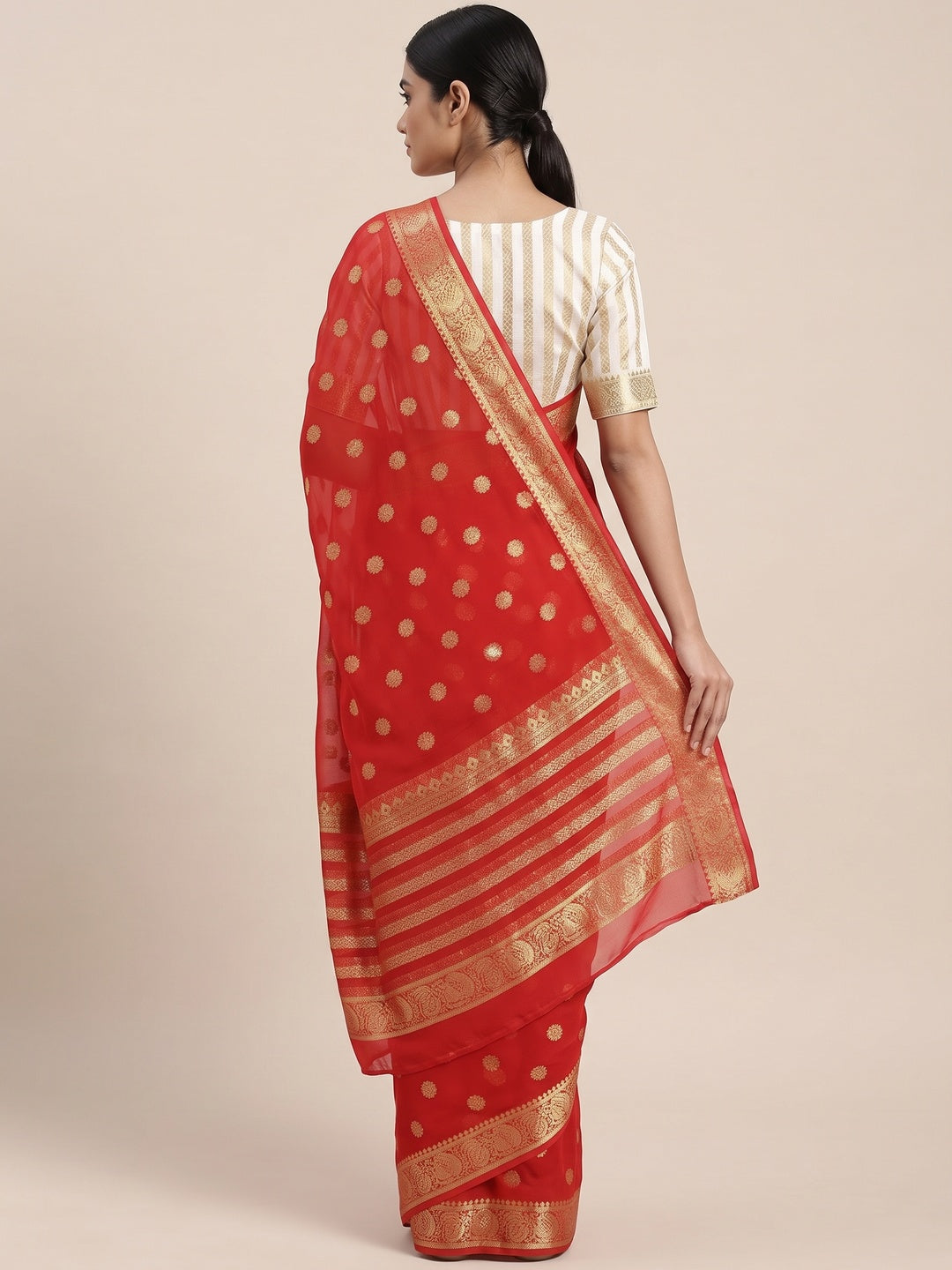 Red & White Zari Weaving Weaving Georgette Saree - Image 3