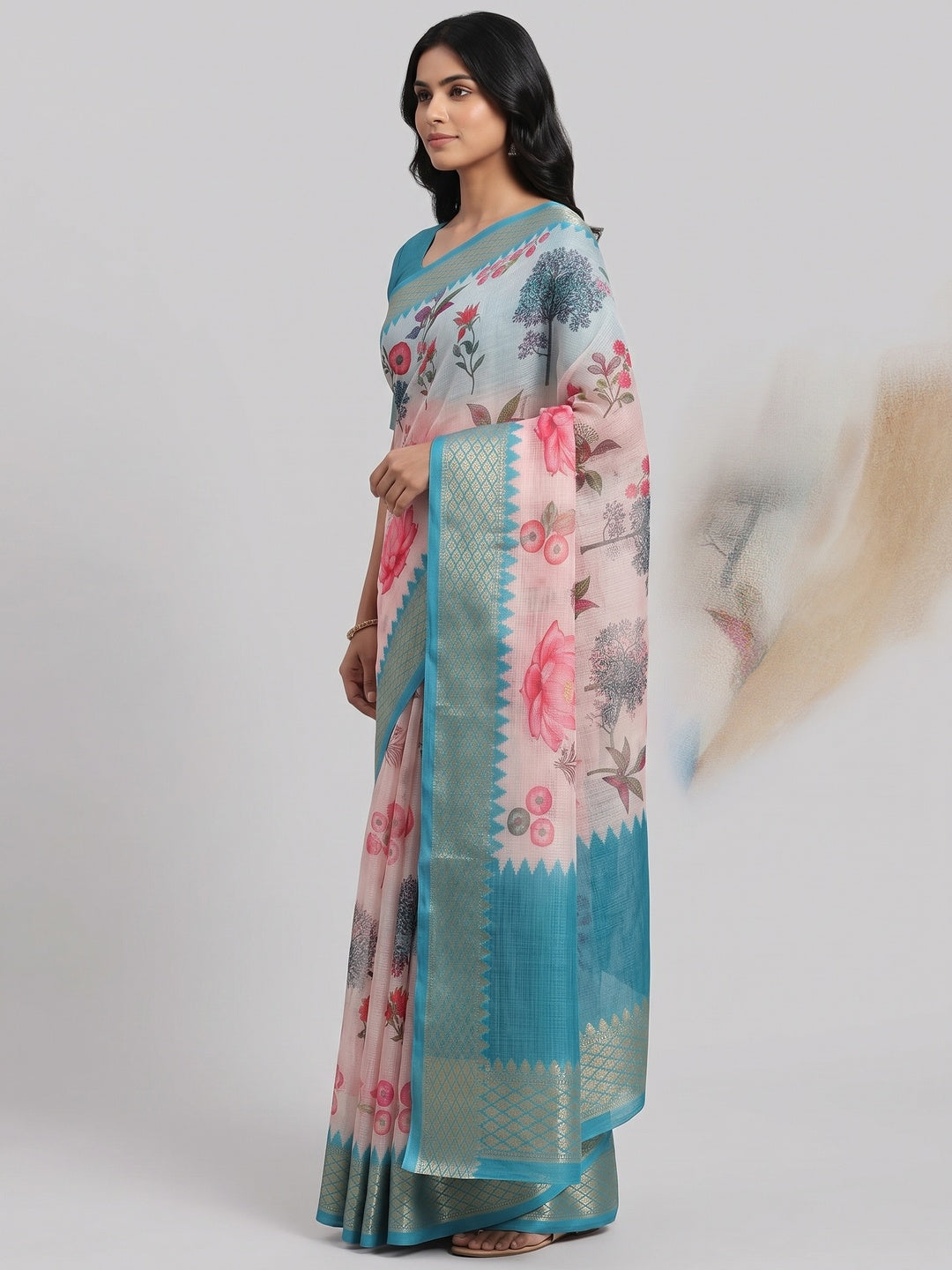 White & Blue Floral Printed Kota Doria Saree - Image 2