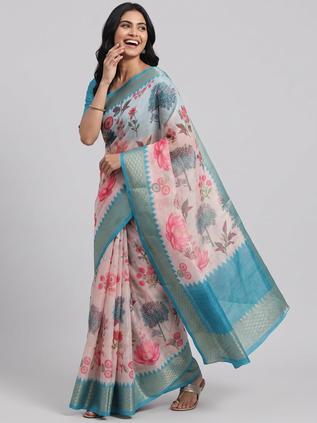 White & Blue Floral Printed Kota Doria Saree - Image 3