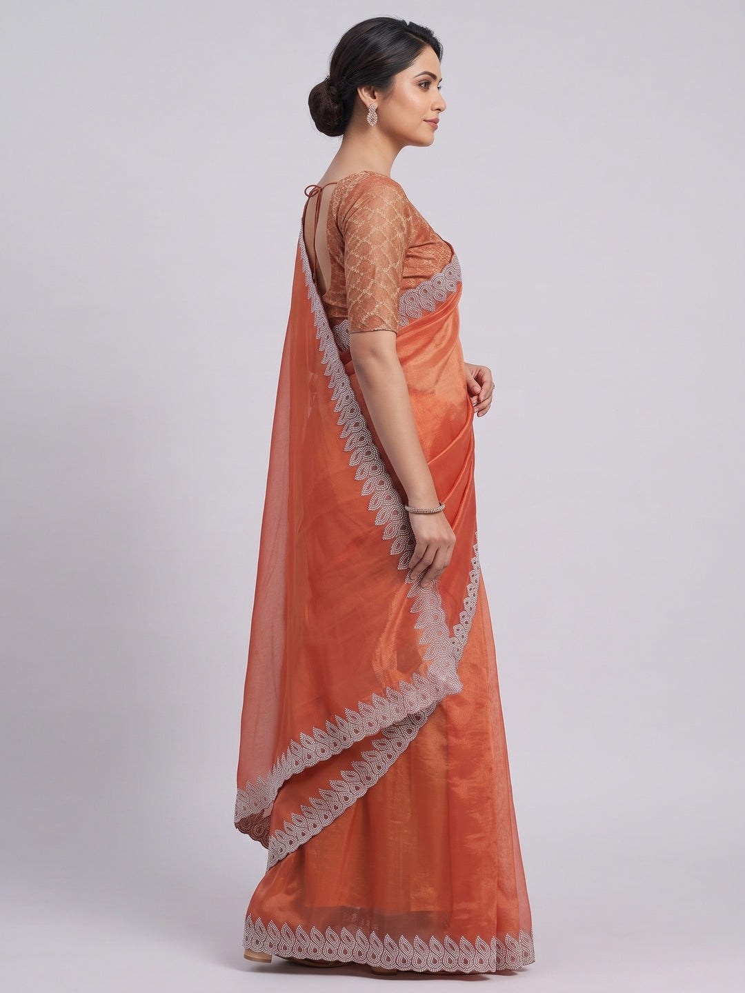 Orange Stone Work Embroidered Twill Gold Net Saree - Image 9