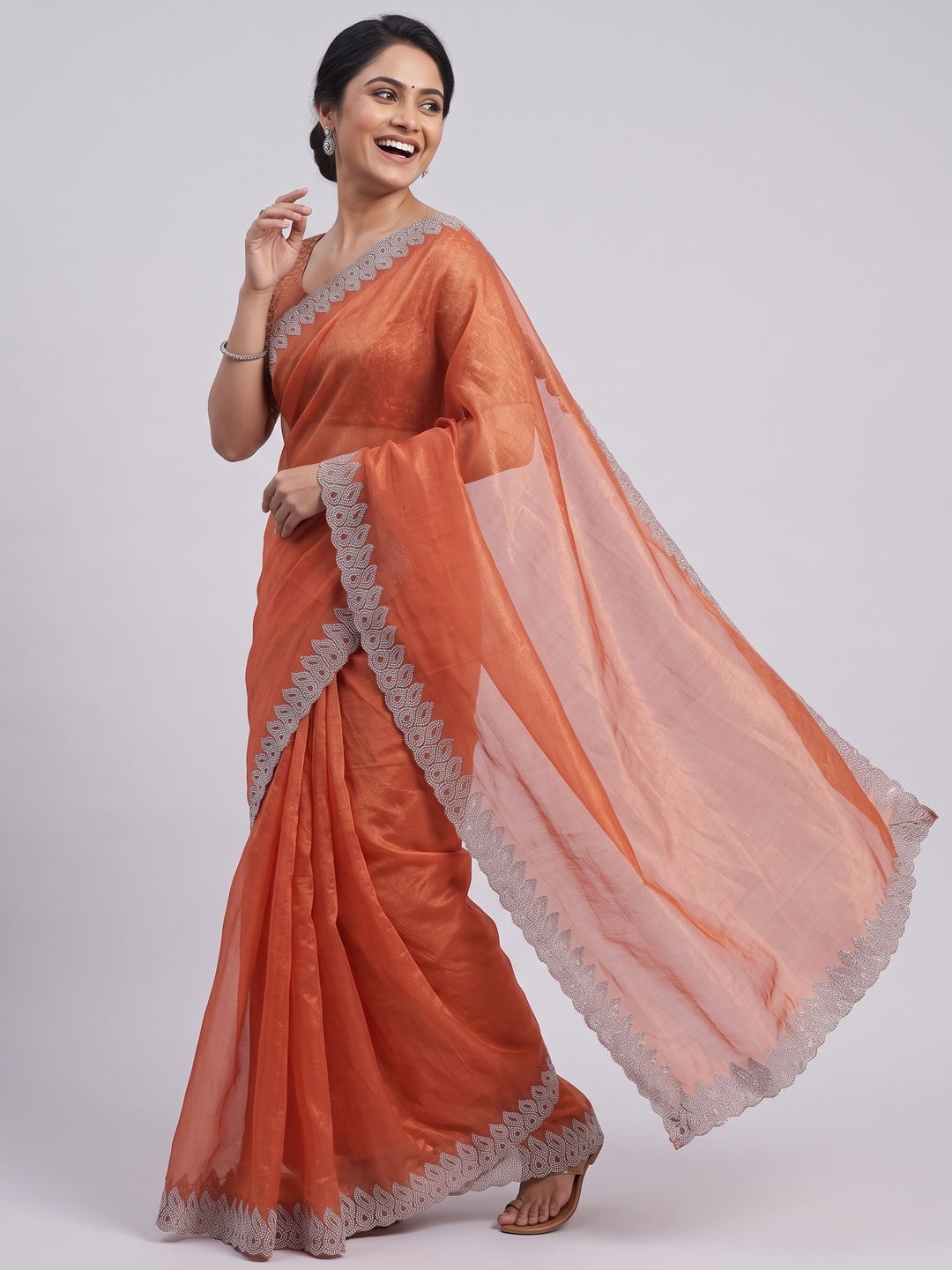 Orange Stone Work Embroidered Twill Gold Net Saree - Image 1