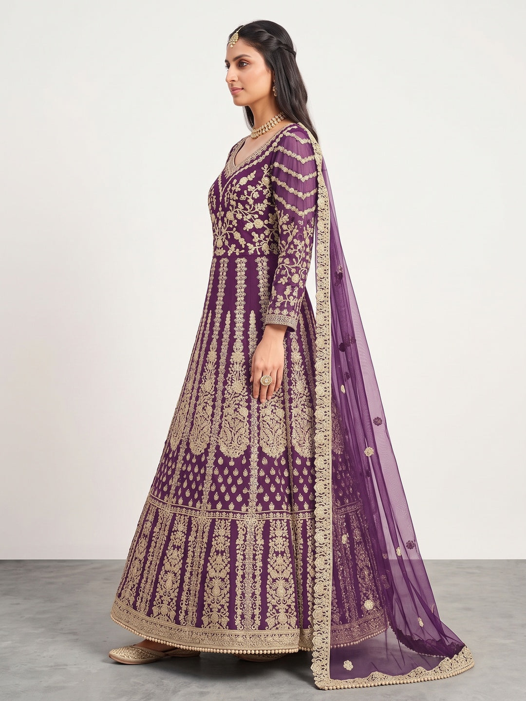 Purple Partywear Embroidered Net Anarkali Suit - Image 4
