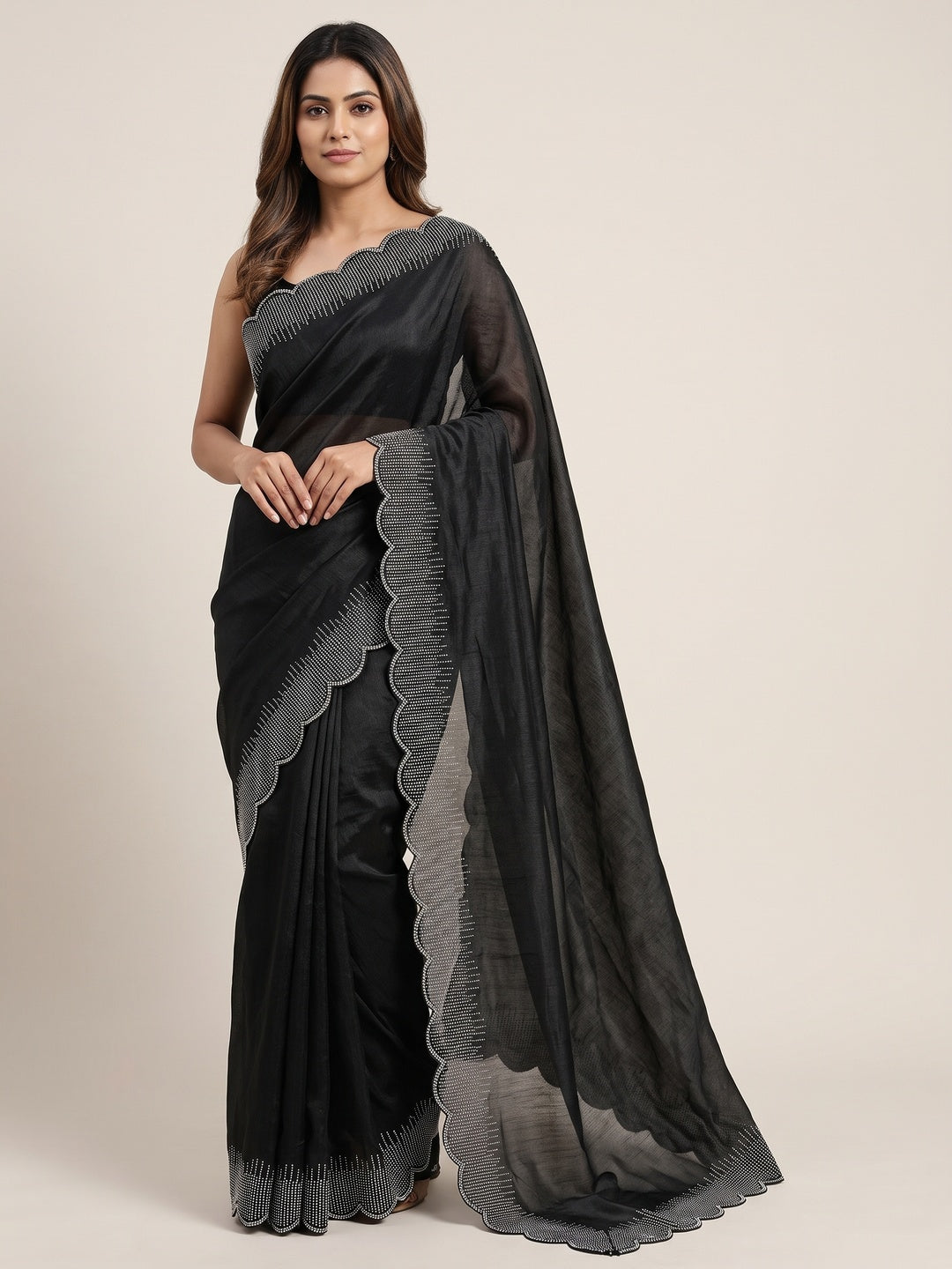 Black Swarovski Work Rangoli Silk Art Saree - Image 1