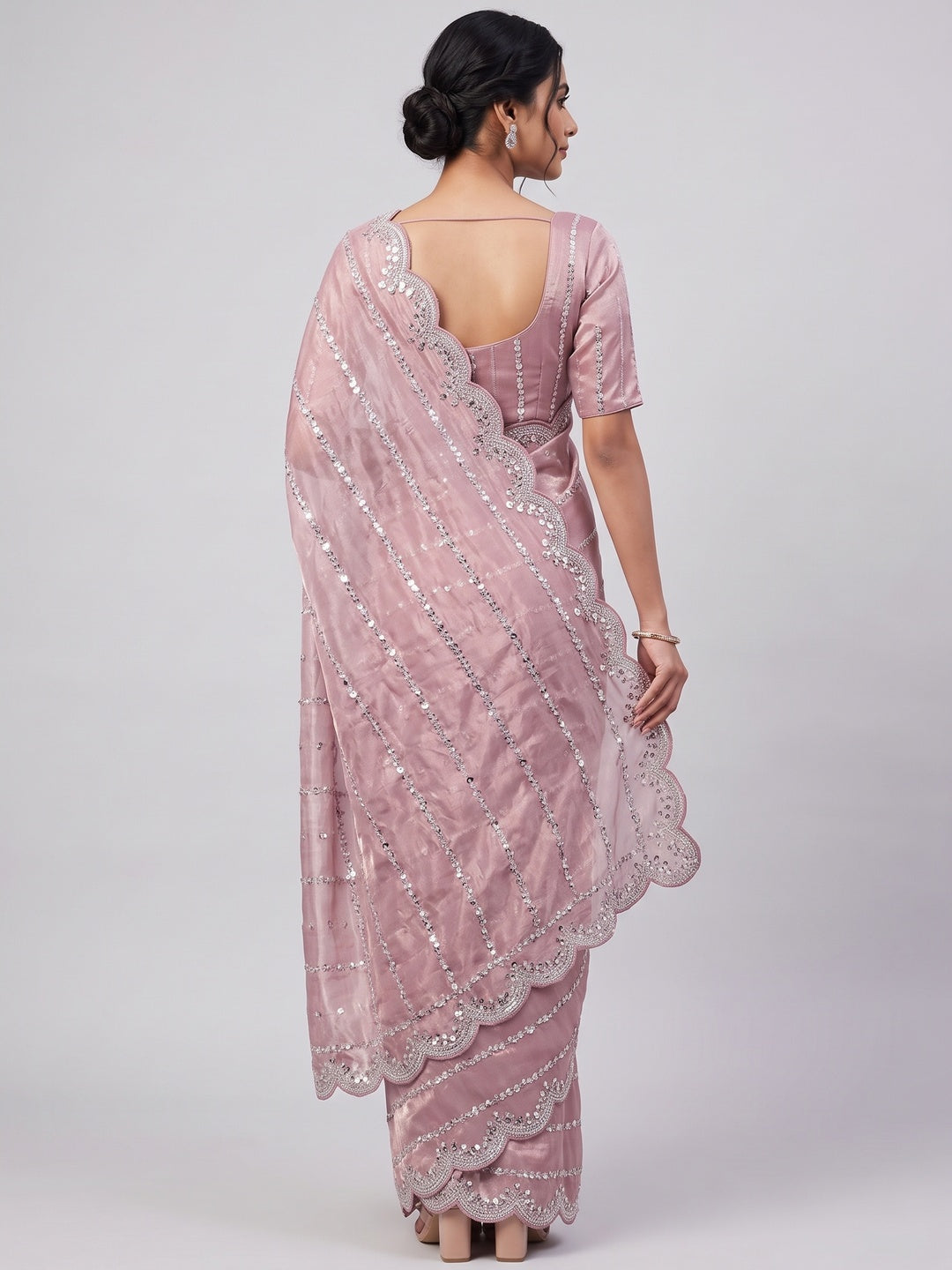 Dusty Pink Designer Satin Partywear Saree Enhanced with Sparkling Sequins Work - Image 2