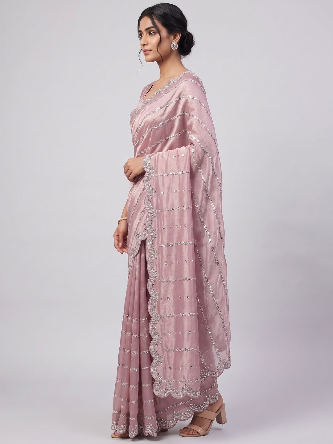 Dusty Pink Designer Satin Partywear Saree Enhanced with Sparkling Sequins Work - Image 3