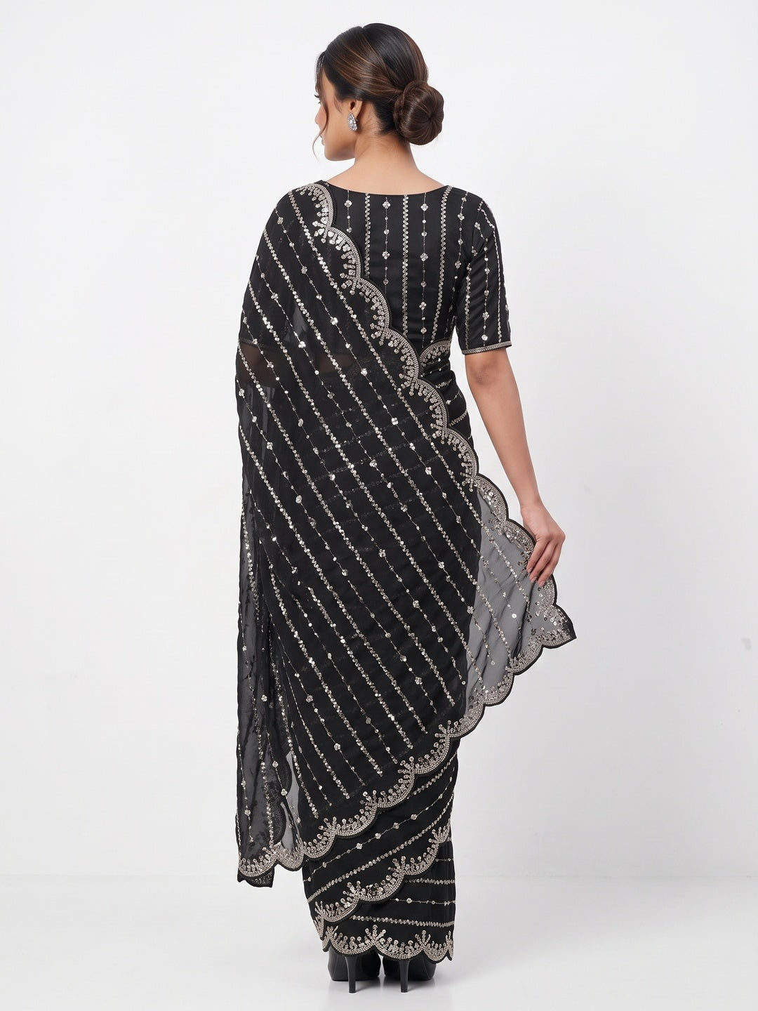 Black Designer Satin Partywear Saree Enhanced with Sparkling Sequins Work - Image 2