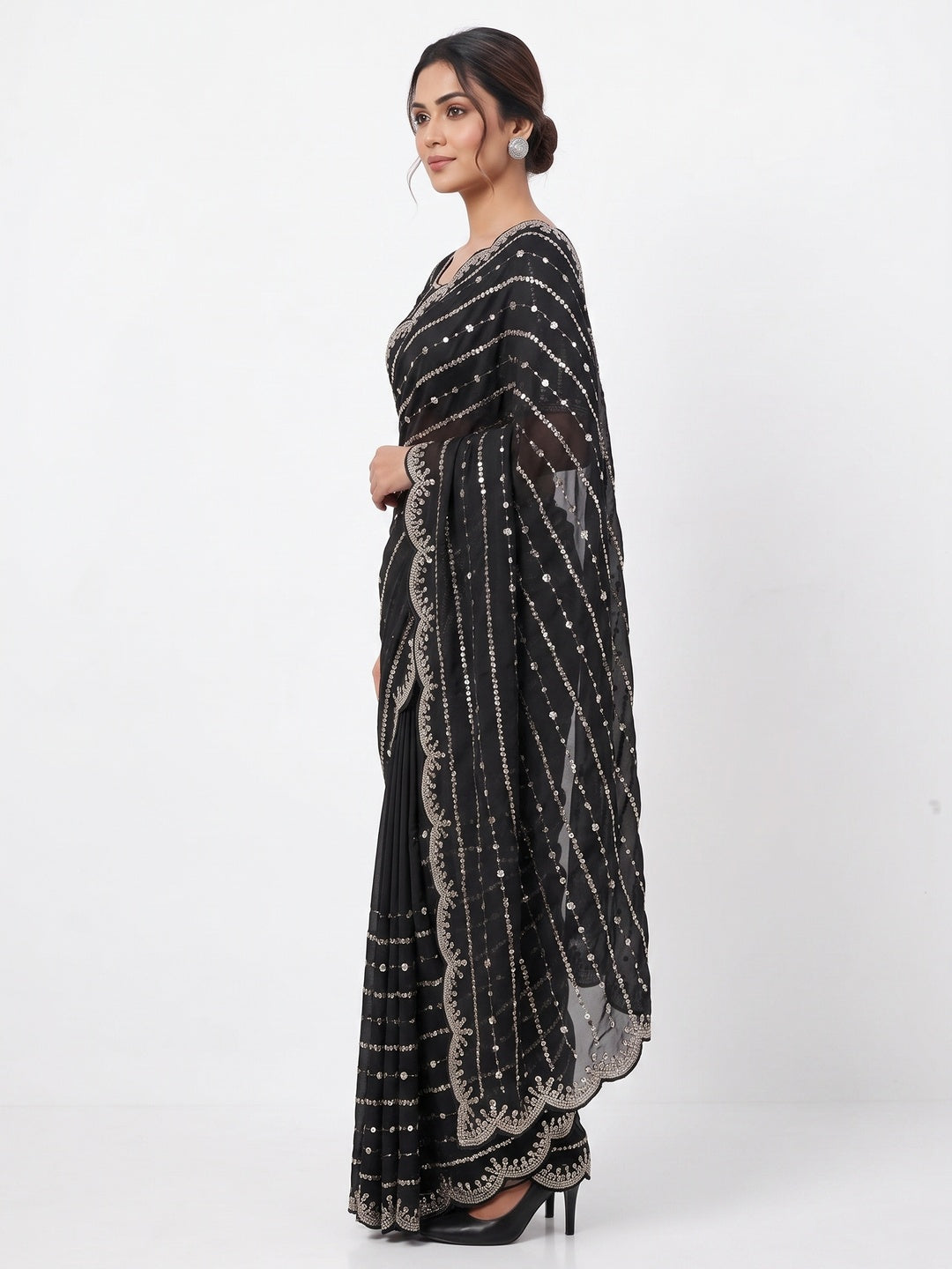 Black Designer Satin Partywear Saree Enhanced with Sparkling Sequins Work - Image 3
