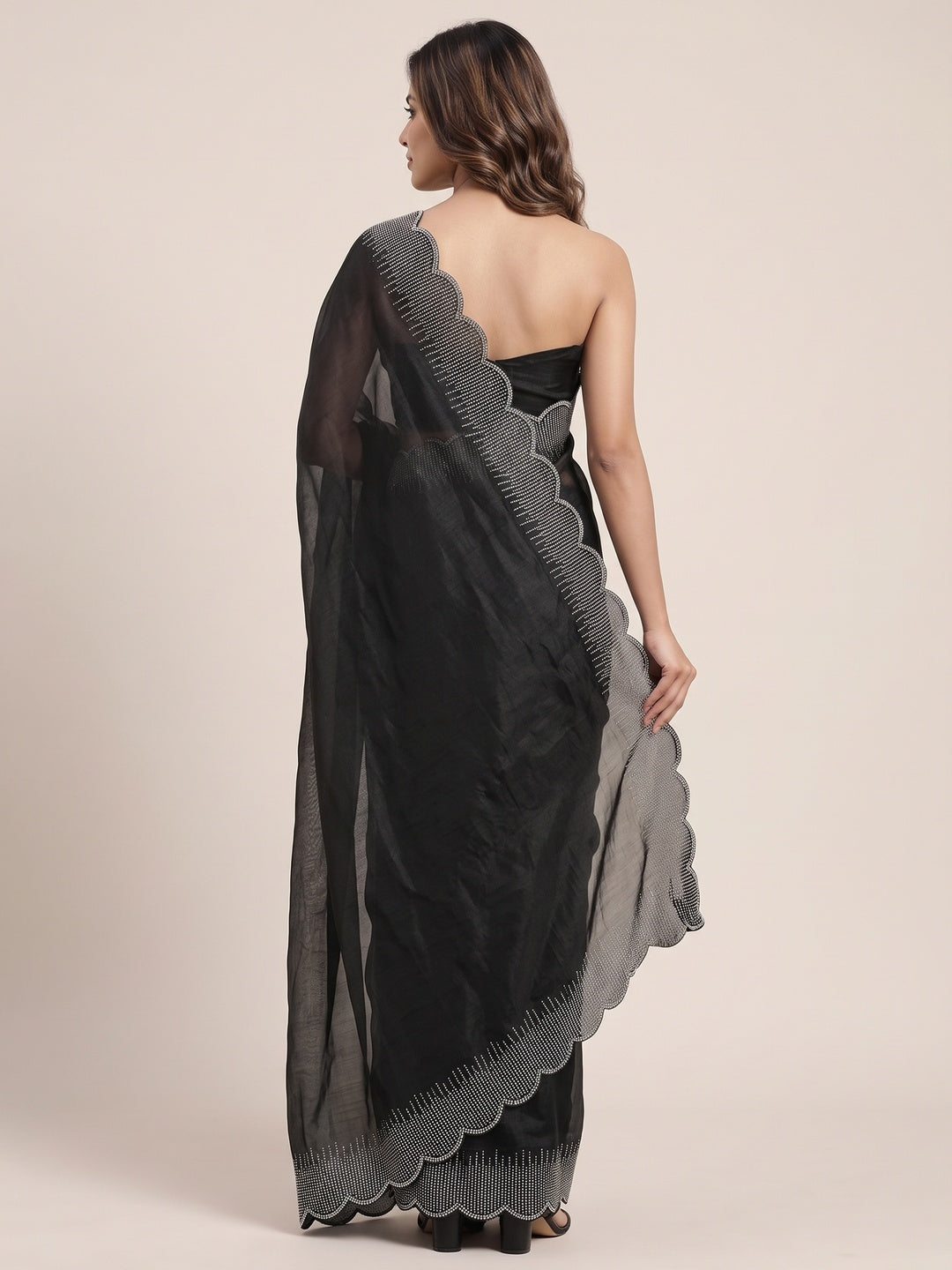 Black Swarovski Work Rangoli Silk Art Saree - Image 2