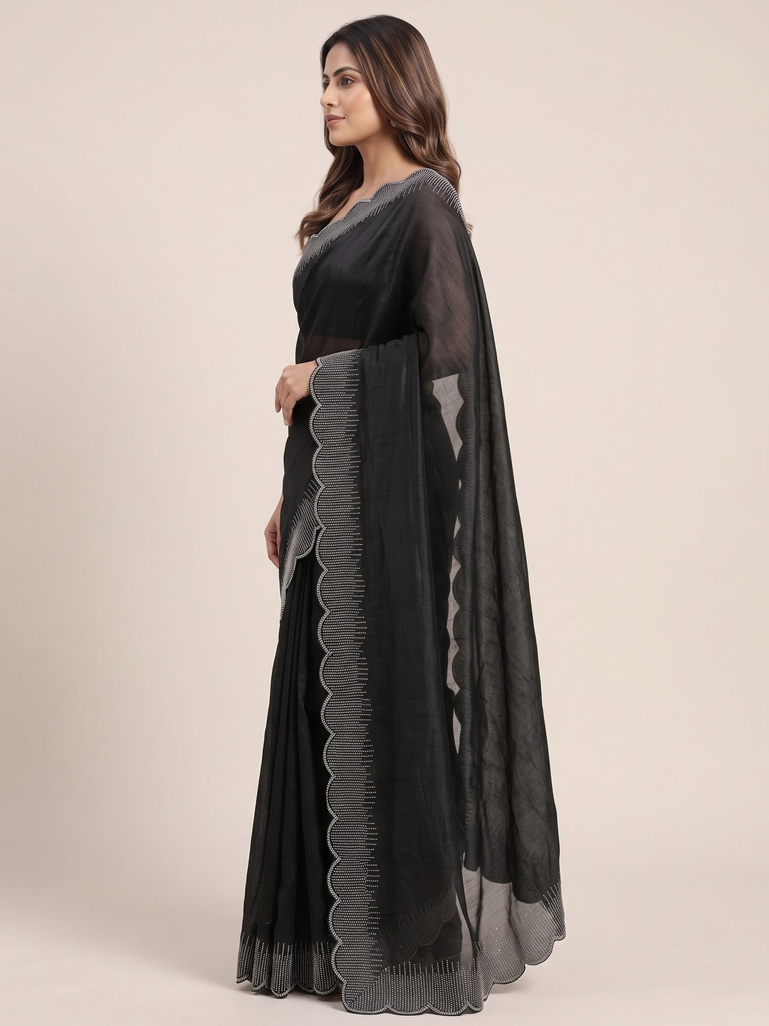 Black Swarovski Work Rangoli Silk Art Saree - Image 3