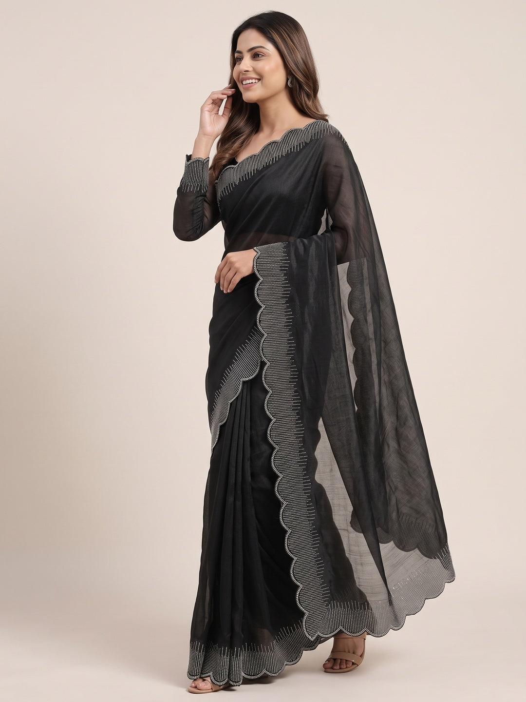 Black Swarovski Work Rangoli Silk Art Saree - Image 4