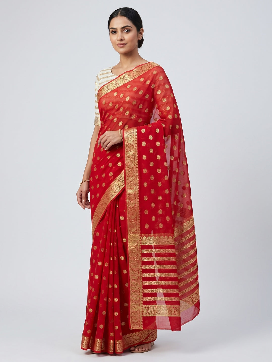 Red & White Zari Weaving Weaving Georgette Saree - Image 1