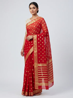 Red & White Zari Weaving Weaving Georgette Saree - Image 1