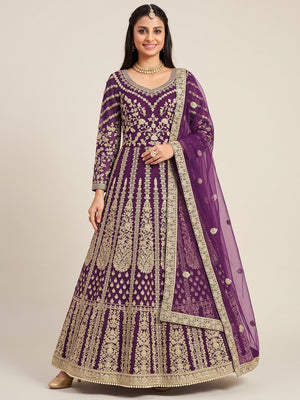 Purple Partywear Embroidered Net Anarkali Suit - Image 1