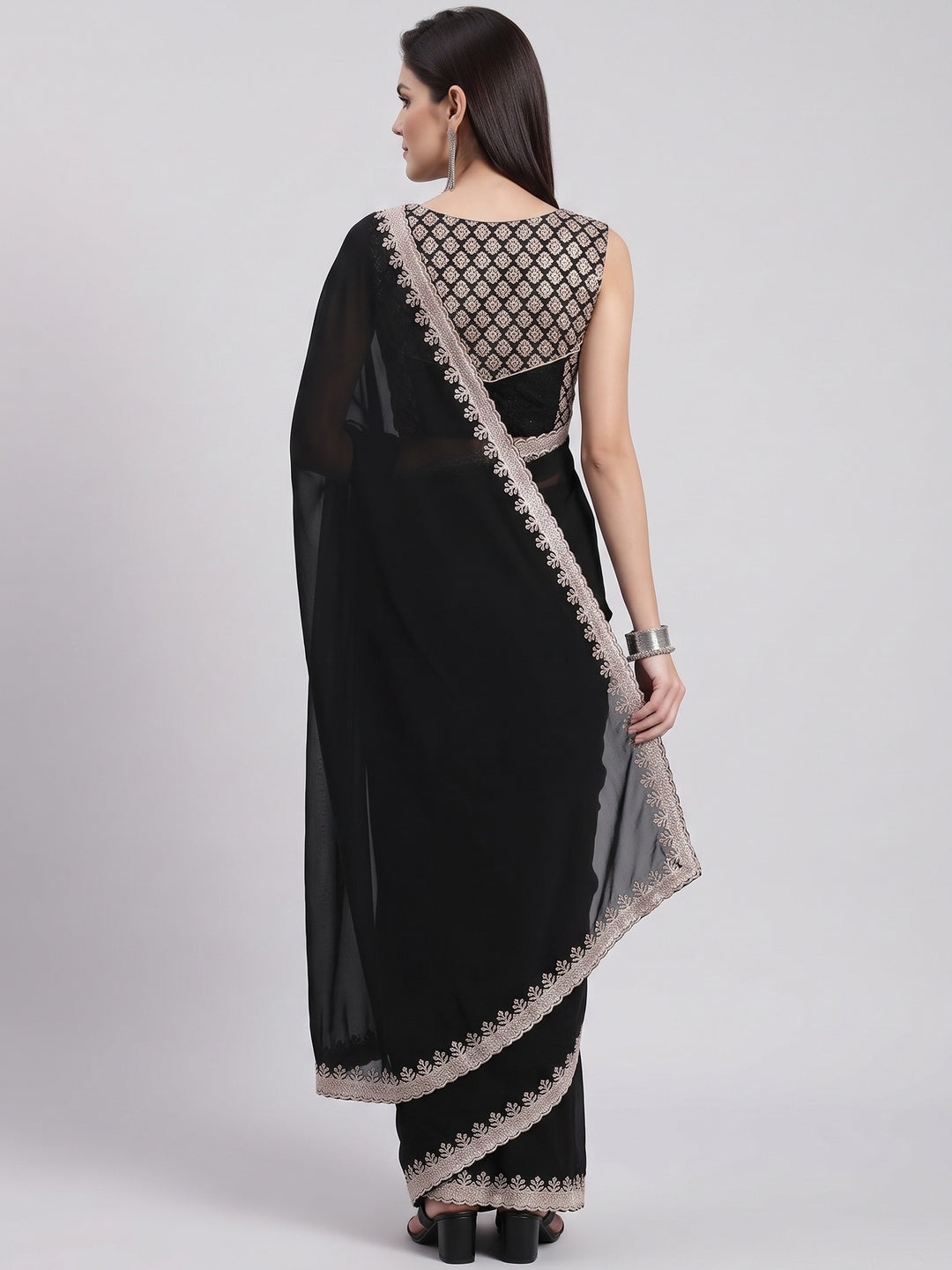 Black Georgette Saree With Sleek Solid Finish And Embroidered Edging - Image 2
