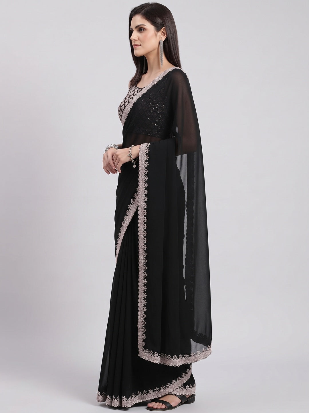Black Georgette Saree With Sleek Solid Finish And Embroidered Edging - Image 3