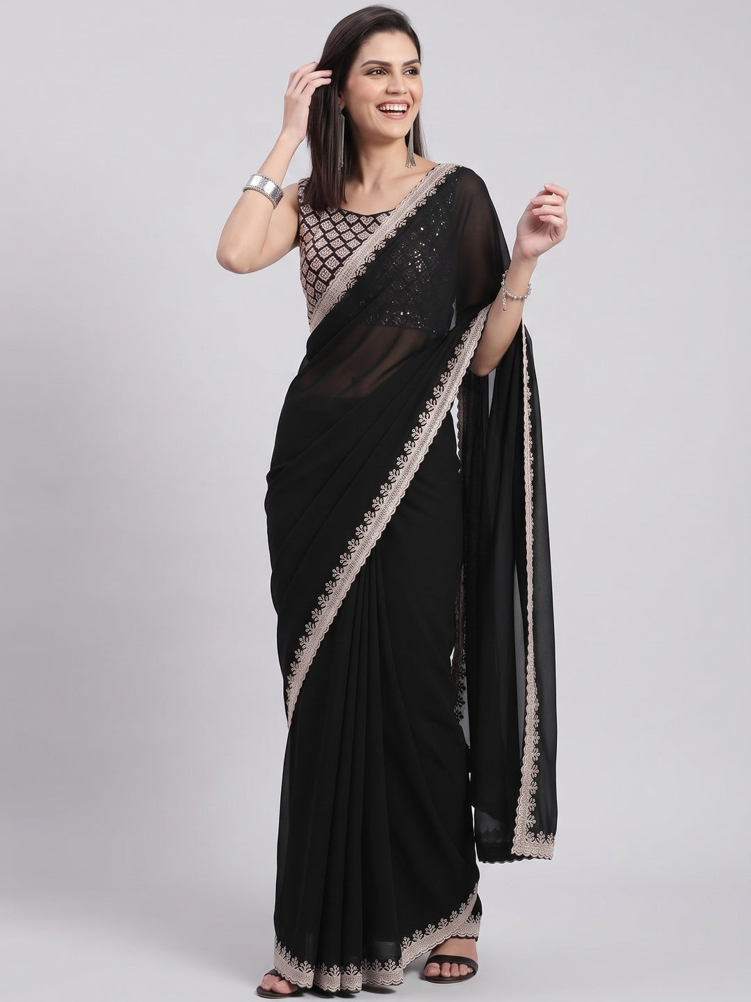 Black Georgette Saree With Sleek Solid Finish And Embroidered Edging - Image 4