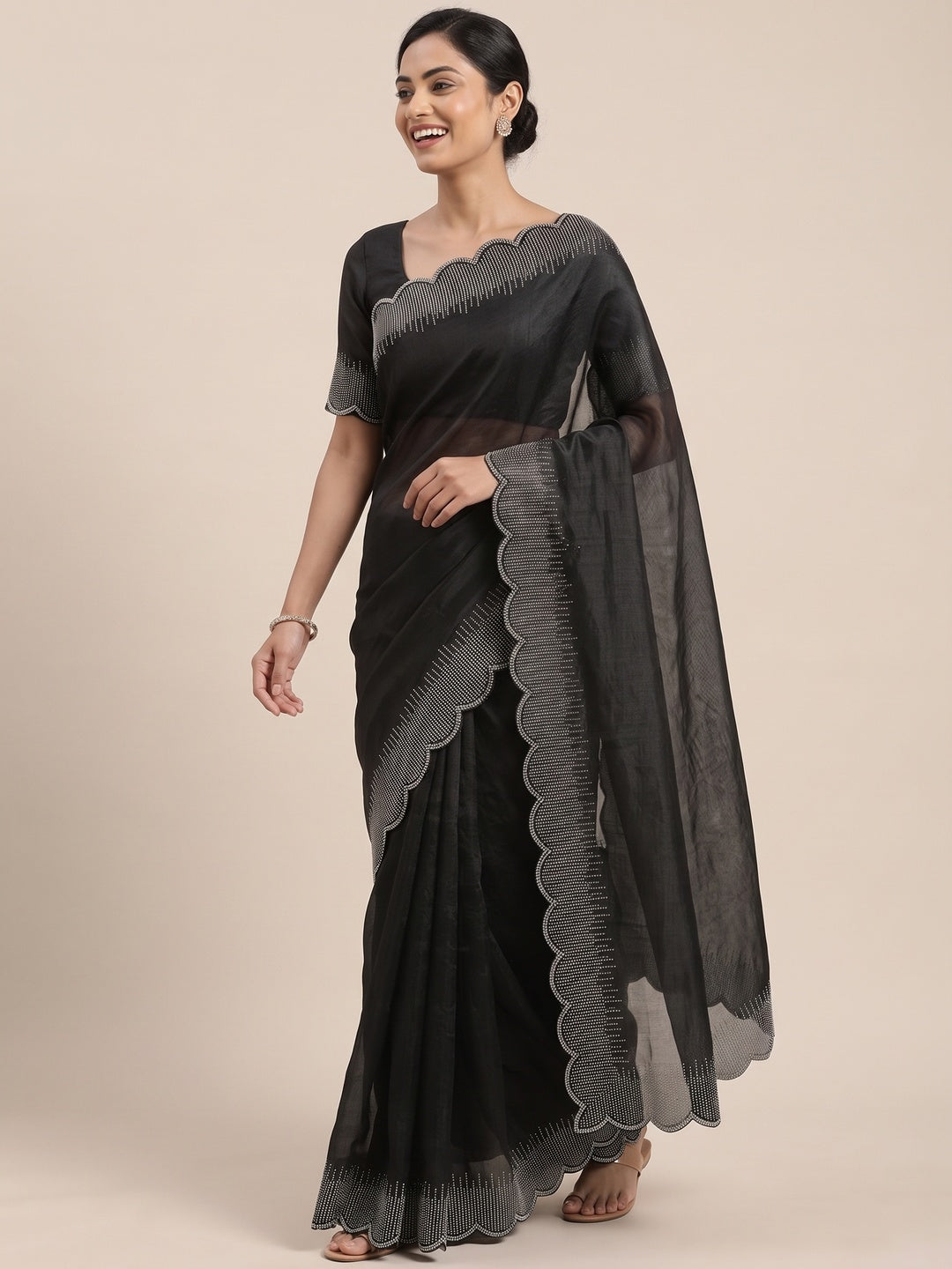 Black Swarovski Work Rangoli Silk Art Saree - Image 8