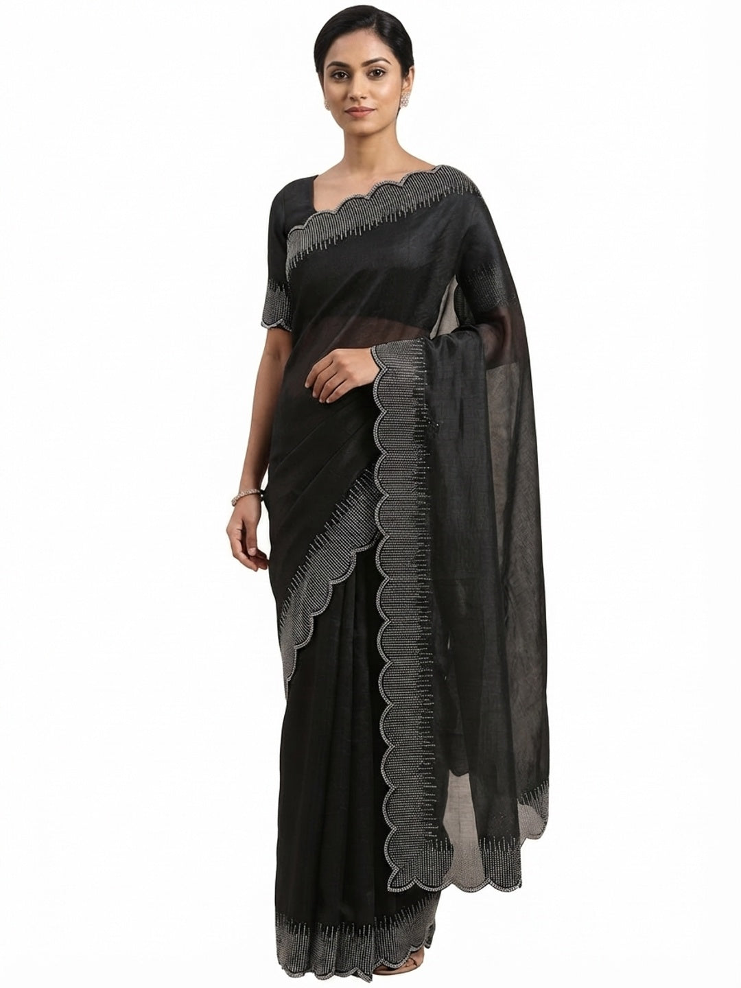 Black Swarovski Work Rangoli Silk Art Saree - Image 9