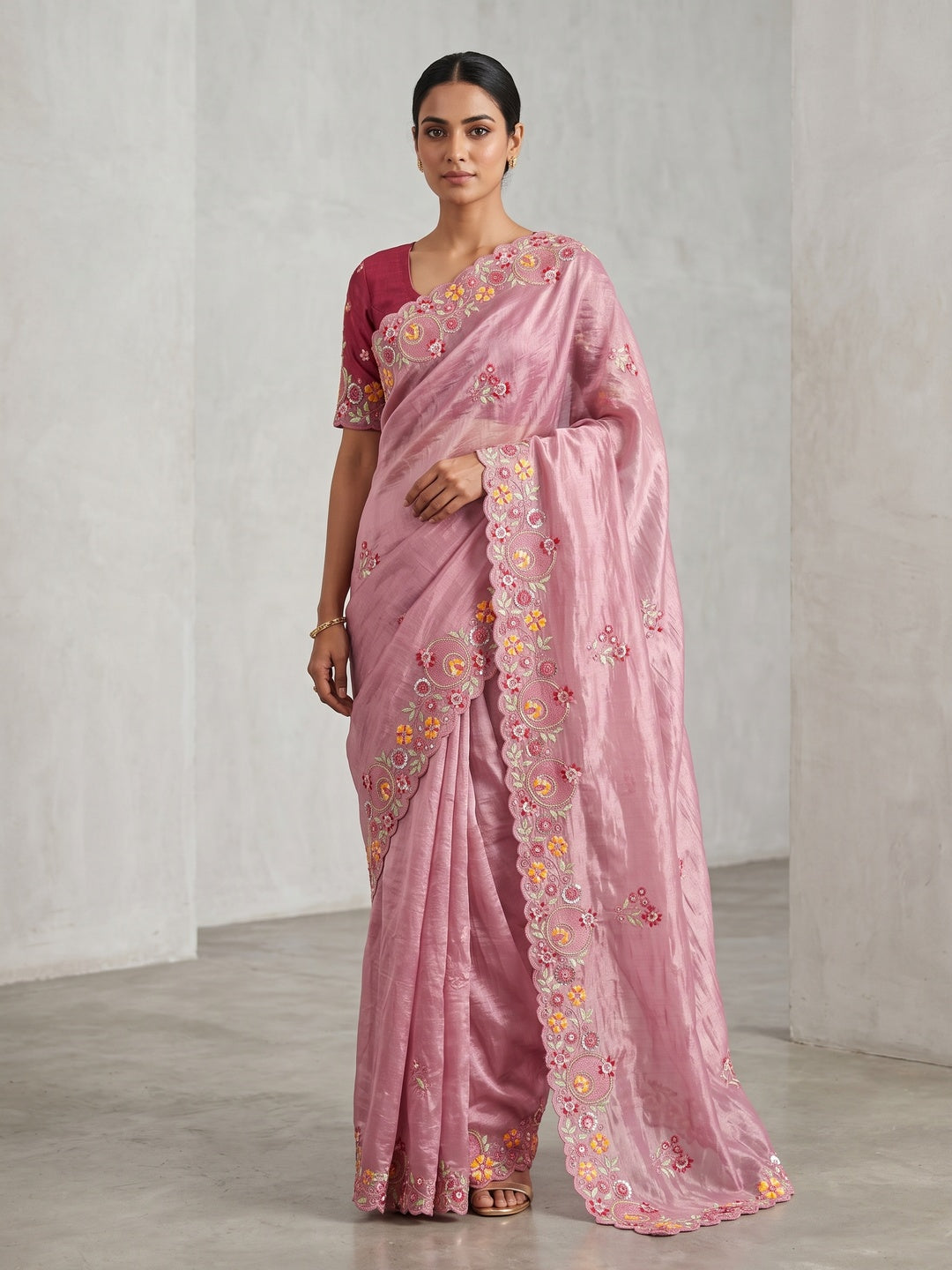 Pink Elegance Cotton Silk Saree with Floral Sequins Embroidery - Image 1