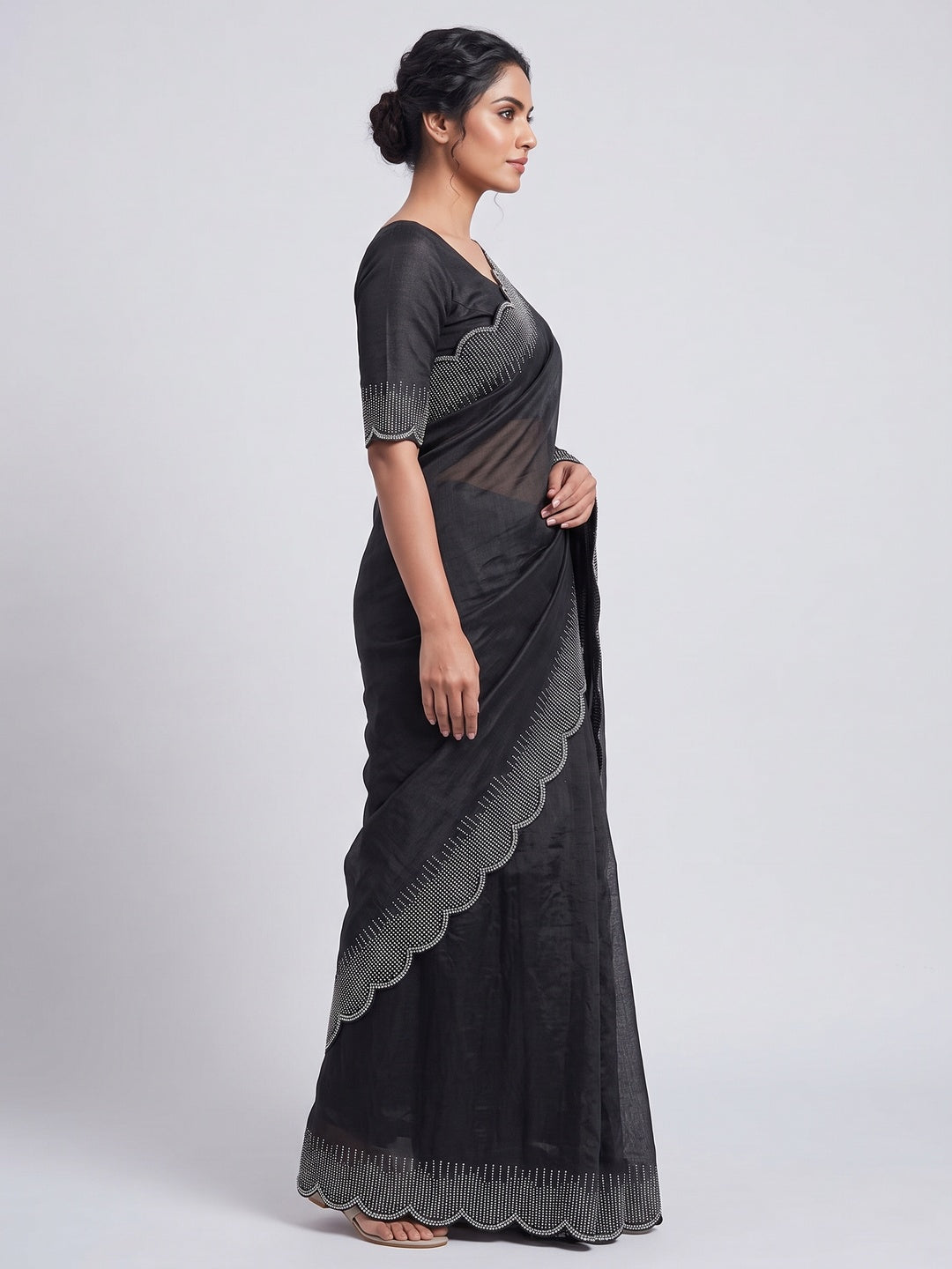 Black Swarovski Work Rangoli Silk Art Saree - Image 3