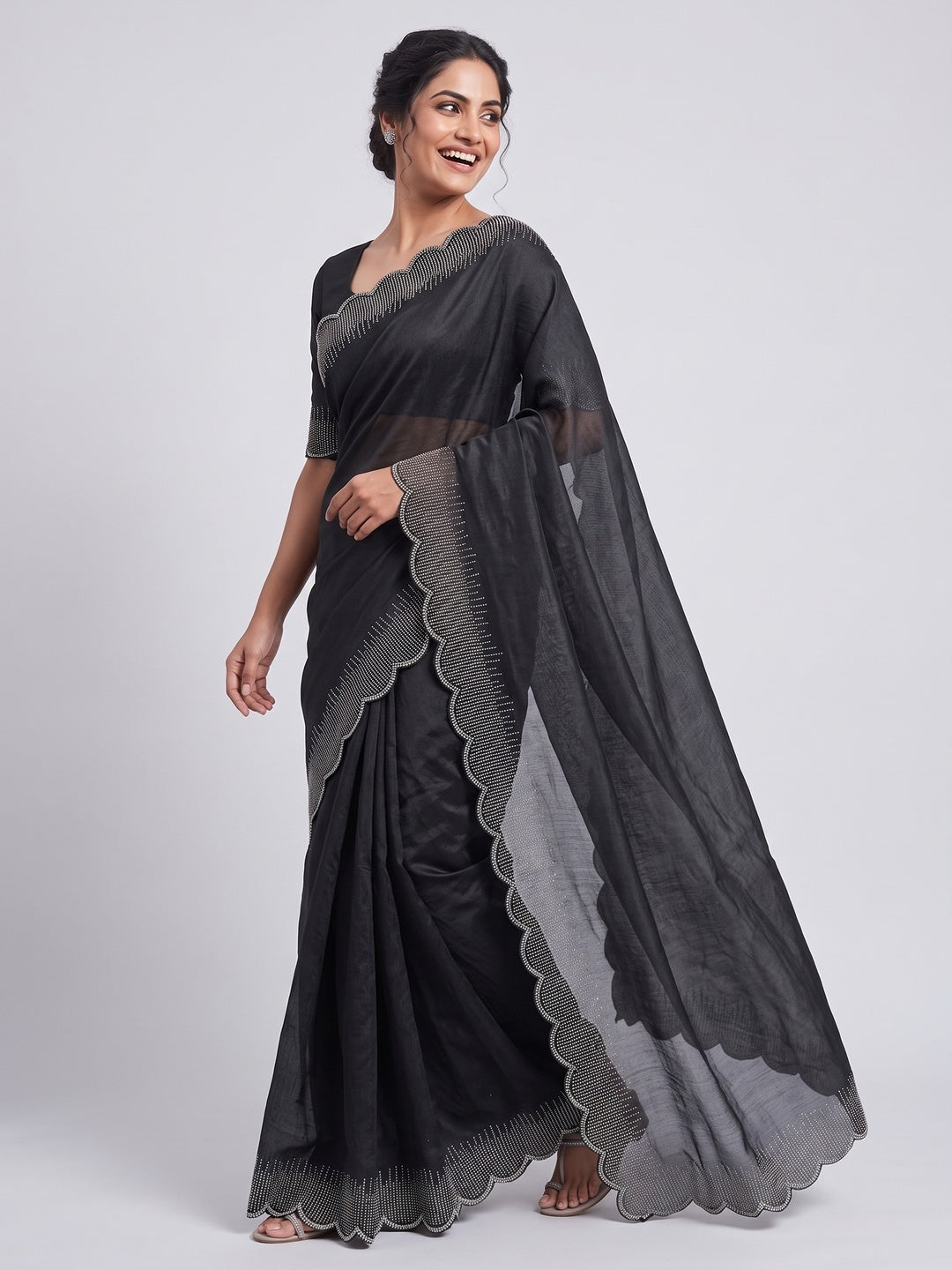 Black Swarovski Work Rangoli Silk Art Saree - Image 4