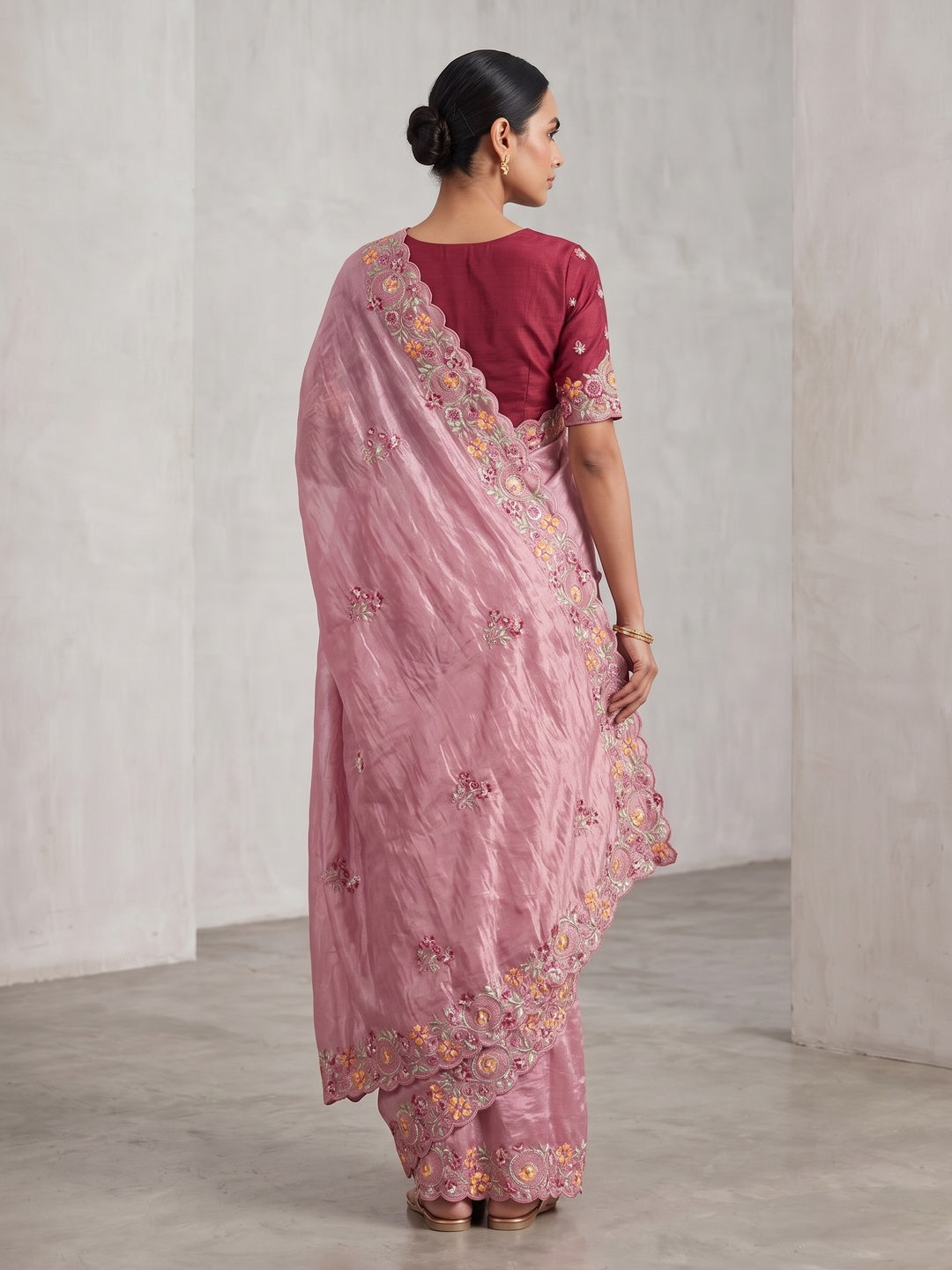 Pink Elegance Cotton Silk Saree with Floral Sequins Embroidery - Image 2