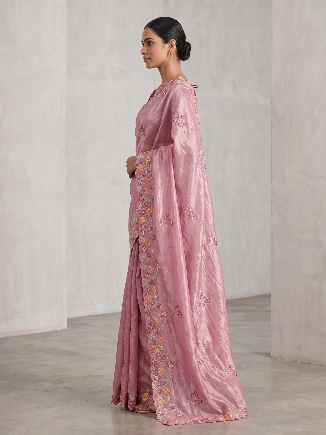 Pink Elegance Cotton Silk Saree with Floral Sequins Embroidery - Image 3