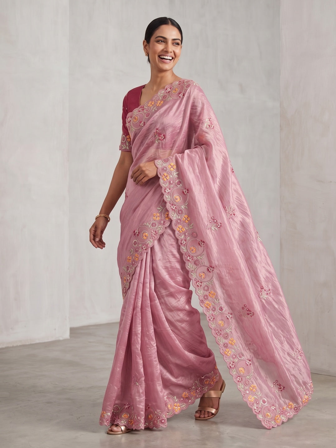 Pink Elegance Cotton Silk Saree with Floral Sequins Embroidery - Image 4