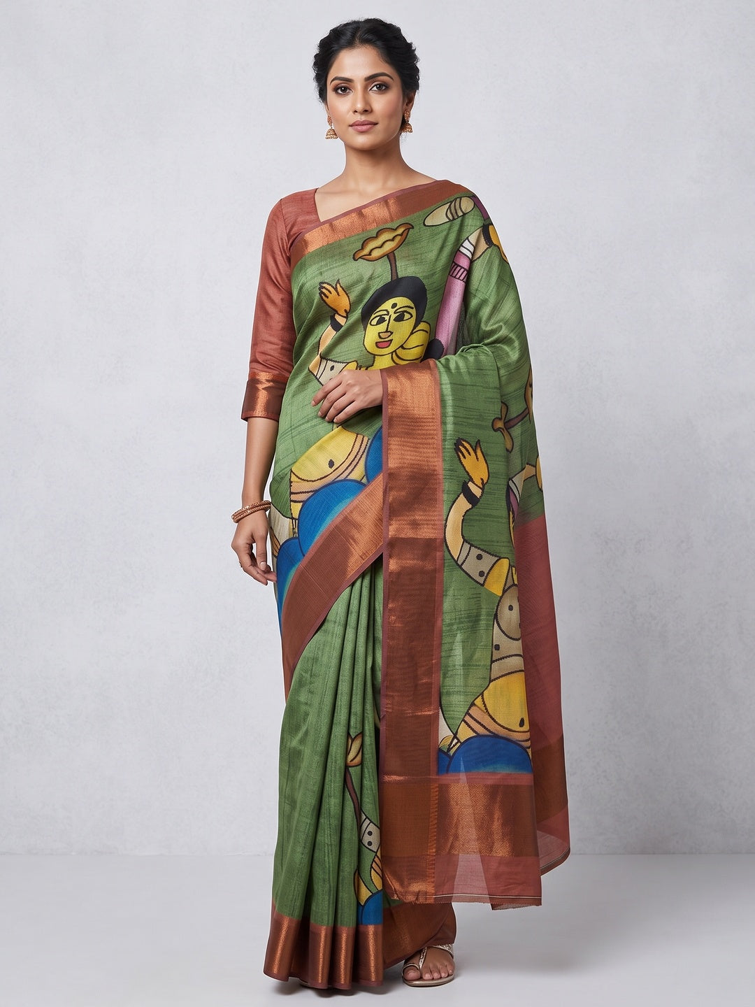 Green Floral Printed Tussar Silk Saree - Image 1