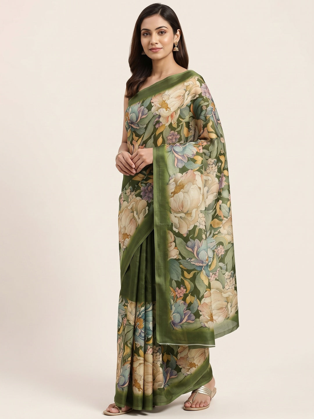 Green Floral Digital Printed Cotton Handloom Silk Saree - Image 1