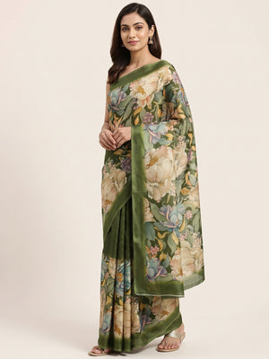 Green Floral Digital Printed Cotton Handloom Silk Saree - Image 1