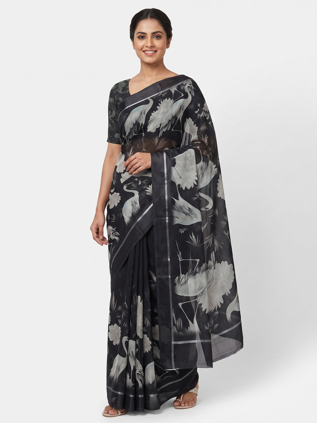 Black Printed Moss Chiffon Saree With Zari Woven Border - Image 1