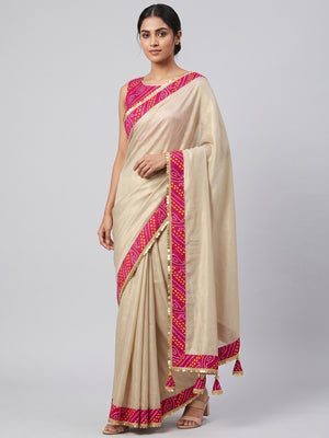 Beige & Pink Moss Chiffon Saree Featuring a Traditional Bandhani Print Border - Image 5