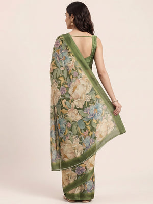 Green Floral Digital Printed Cotton Handloom Silk Saree - Image 2