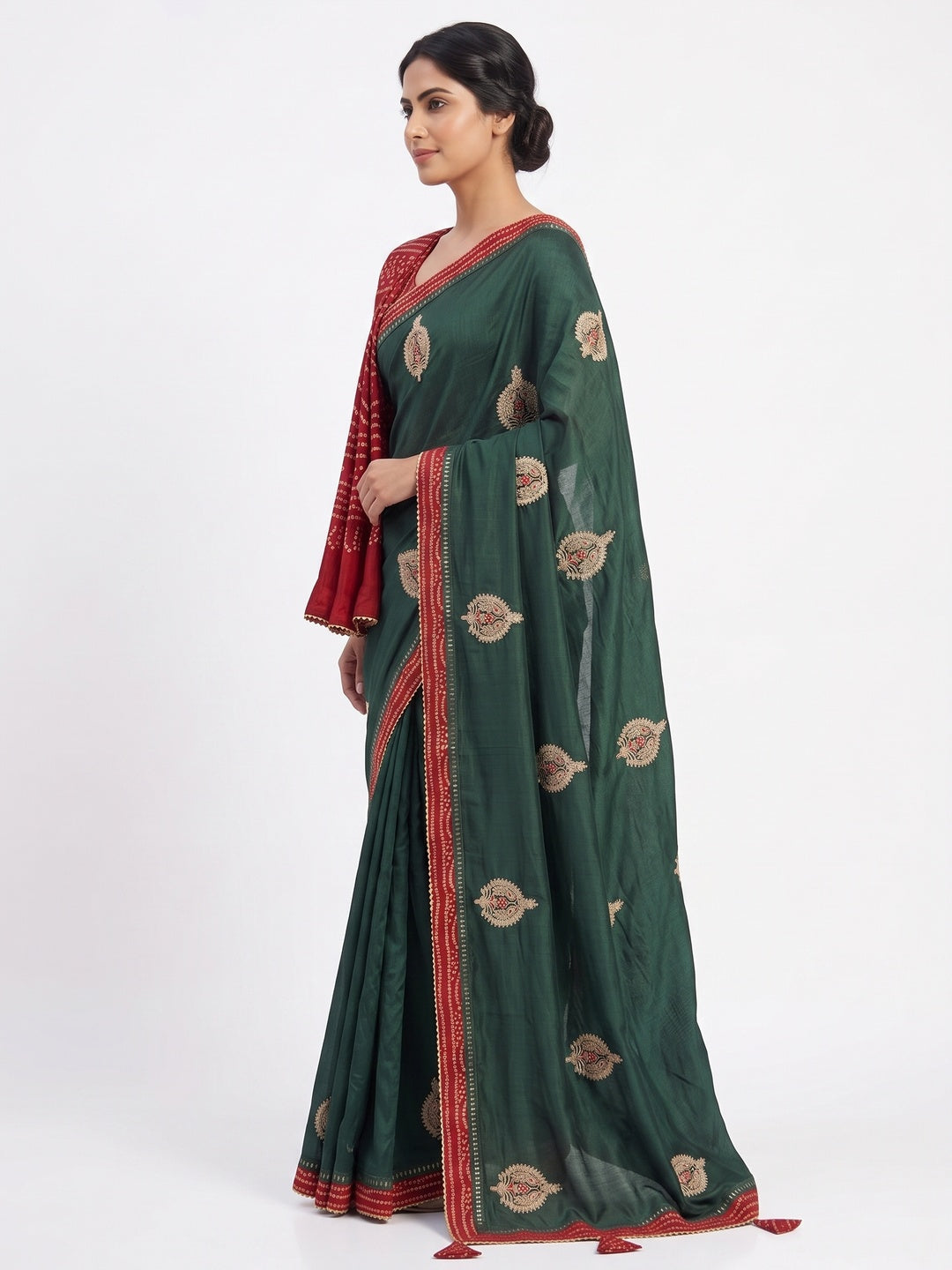 Morpich Green Zari Embroidered Vichitra Silk Saree - Image 3