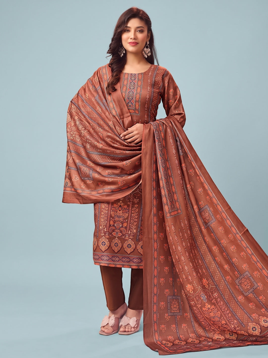 Rust Stylish Floral Printed Pashmina Dress Material for Graceful Winter Outfits - Image 1