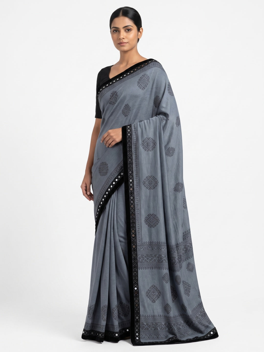 Blissful Grey Colored Festive Wear Woven Lycra Saree - Image 4