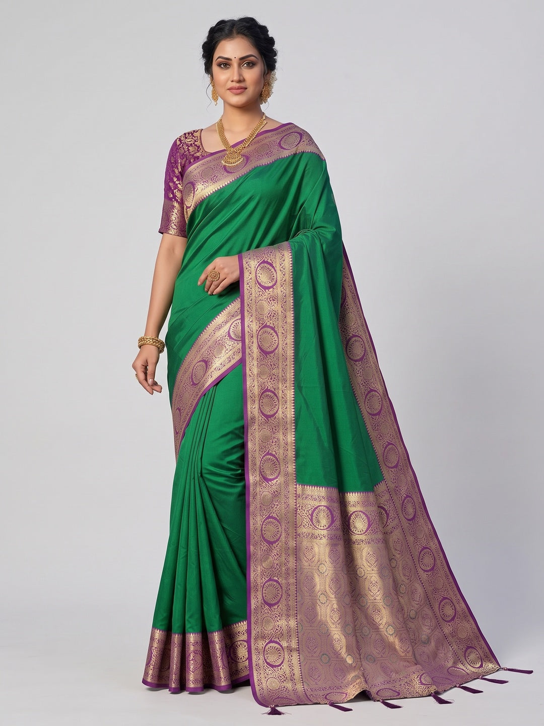 Green Pure Silk Saree with Fine Woven Border and Ready Made Stitched Blouse - Image 2