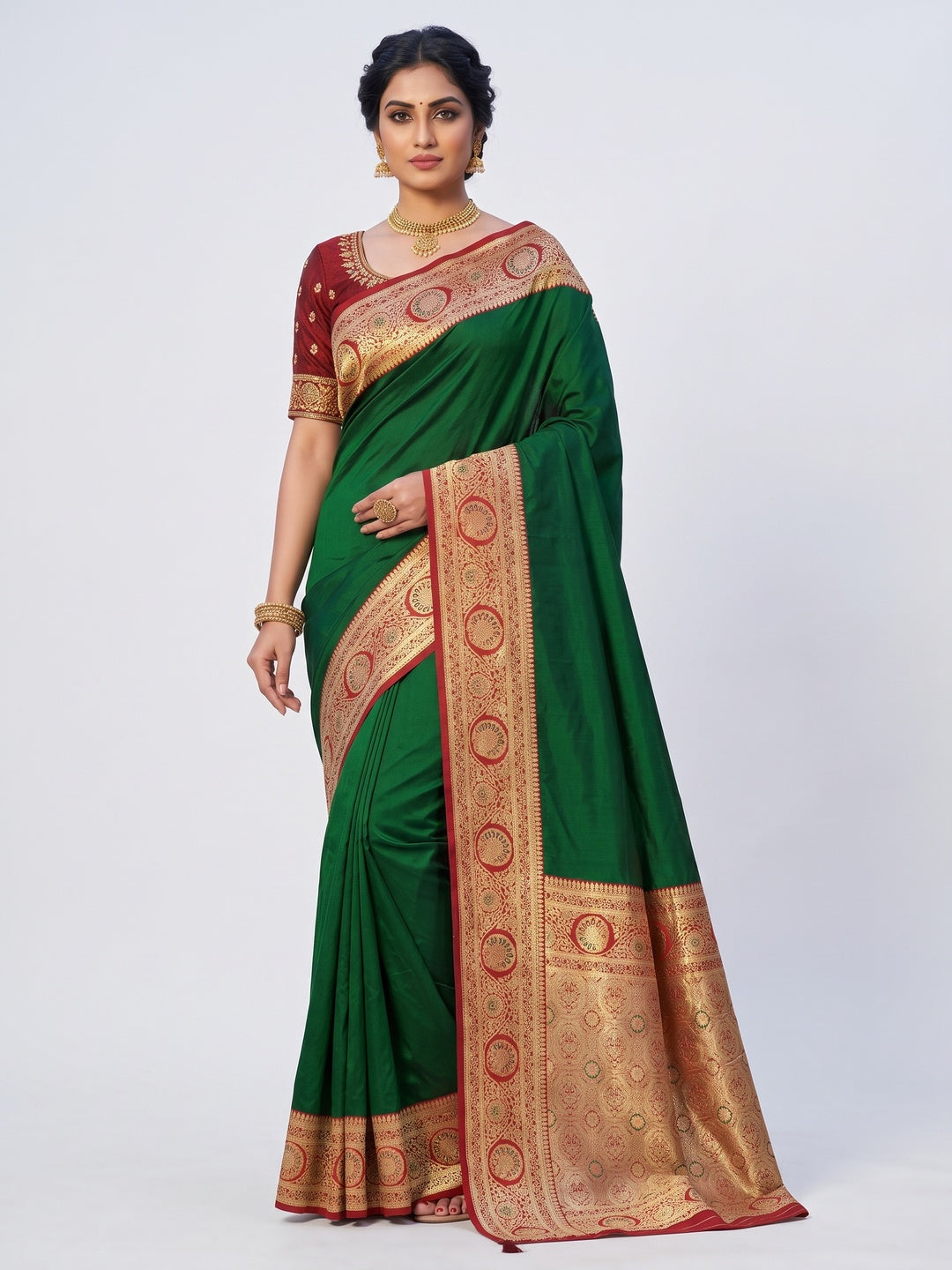 Dark Green Pure Silk Saree with Fine Woven Border and Ready Made Stitched Blouse - Image 2