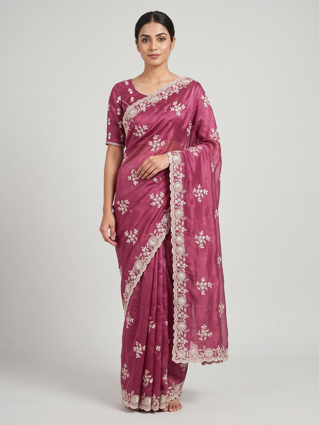 Pink Shimmer Silk Saree with Graceful Floral Embroidery - Image 1