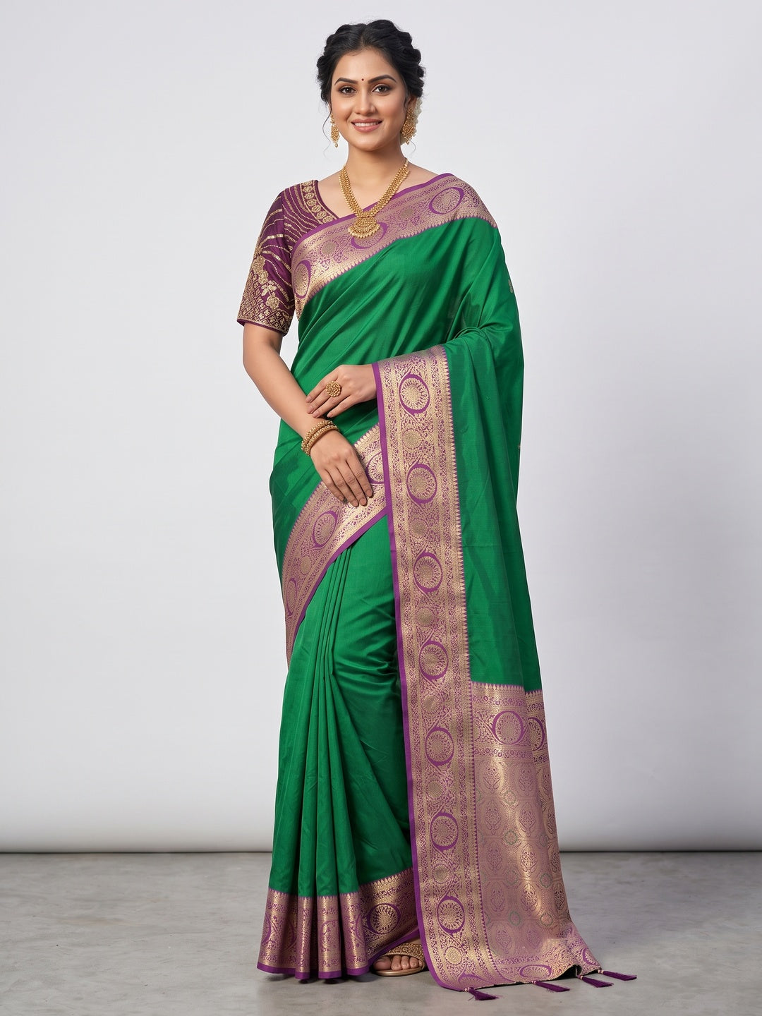 Green Pure Silk Saree with Fine Woven Border and Ready Made Stitched Blouse - Image 4